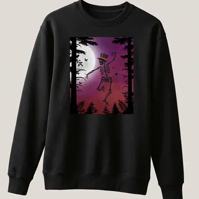 Vintage silhouette of a dancing skeleton under a full moon in black and purple — printed on a unisex sweatshirt