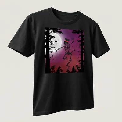 Vintage silhouette of a dancing skeleton under a full moon in black and purple — printed on a unisex t-shirt (angled view)