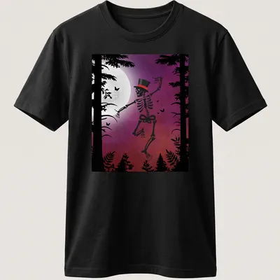 Vintage silhouette of a dancing skeleton under a full moon in black and purple