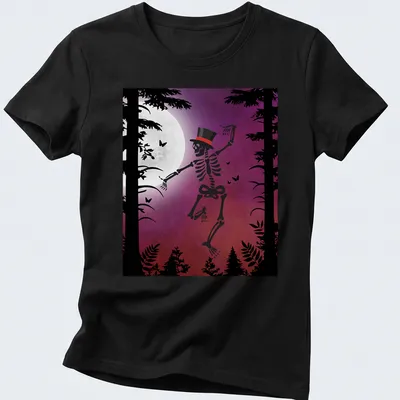 Vintage silhouette of a dancing skeleton under a full moon in black and purple — printed on a women's shirt