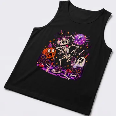 Cartoon dancing skeleton with disco ball and colorful accents on a — printed on a tank top