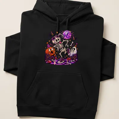 Cartoon dancing skeleton with disco ball and colorful accents on a — printed on a unisex hoodie