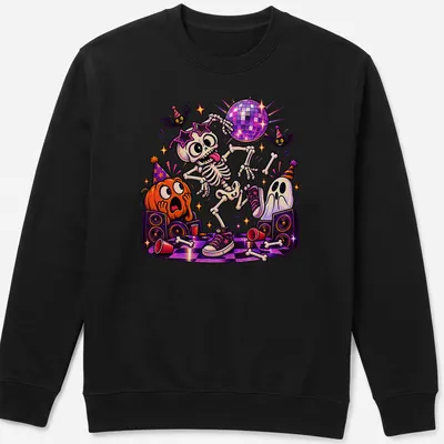 Cartoon dancing skeleton with disco ball and colorful accents on a — printed on a unisex sweatshirt