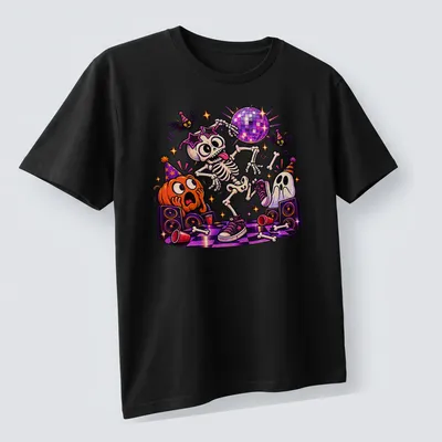 Cartoon dancing skeleton with disco ball and colorful accents on a — printed on a unisex t-shirt (angled view)