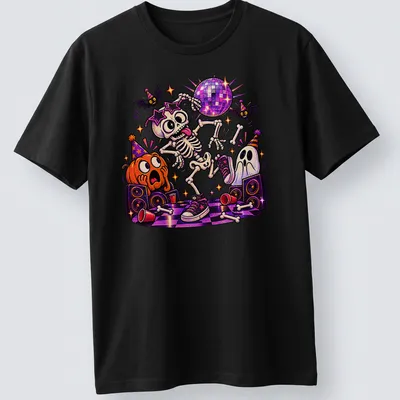Cartoon dancing skeleton with disco ball and colorful accents on a t-shirt