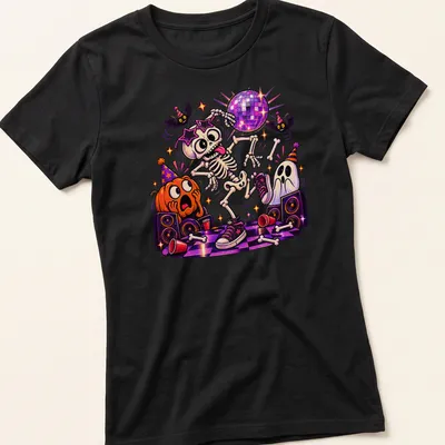 Cartoon dancing skeleton with disco ball and colorful accents on a — printed on a women's shirt