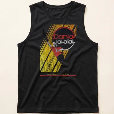 Vintage retro t-shirt featuring a sports action player with Dania Jai-alai text — printed on a tank top
