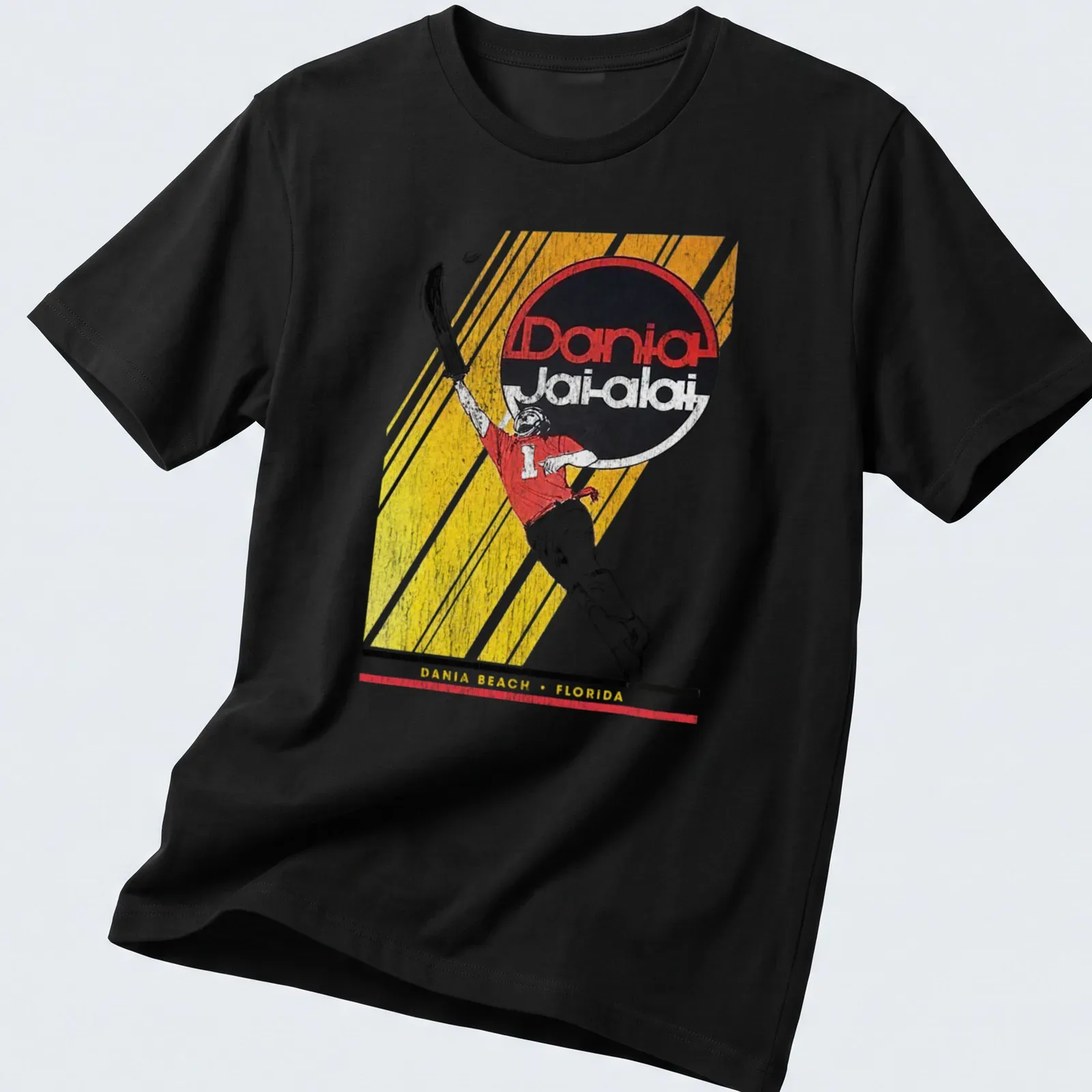 Vintage retro t-shirt featuring a sports action player with Dania Jai-alai text — printed on a unisex t-shirt