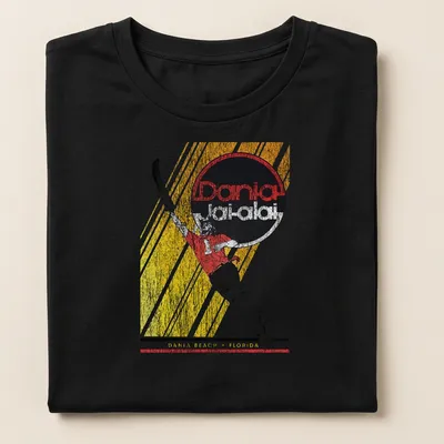 Vintage retro t-shirt featuring a sports action player with Dania Jai-alai text — printed on a women's shirt