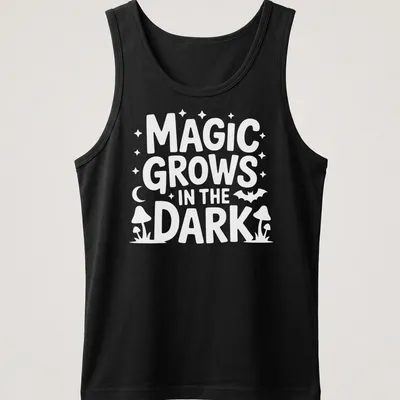 A dark themed t-shirt with the text 'Magic Grows In The Dark' surrounded by plant illustrations in black, green, and purple. — printed on a tank top