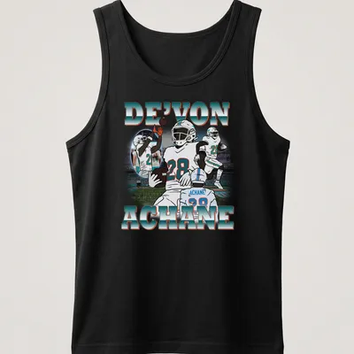 Vintage t-shirt featuring De'Von Achane in bold lettering with a football player illustration — printed on a tank top