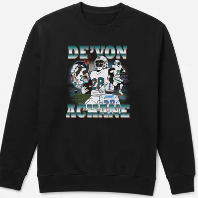 Vintage t-shirt featuring De'Von Achane in bold lettering with a football player illustration — printed on a unisex sweatshirt