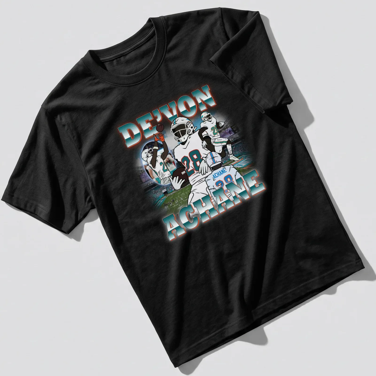 Vintage t-shirt featuring De'Von Achane in bold lettering with a football player illustration — printed on a unisex t-shirt