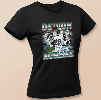 Vintage t-shirt featuring De'Von Achane in bold lettering with a football player illustration — printed on a women's shirt