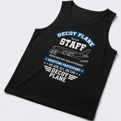 Bold graphic T-shirt featuring humorous airplane staff text in blue and white — printed on a tank top