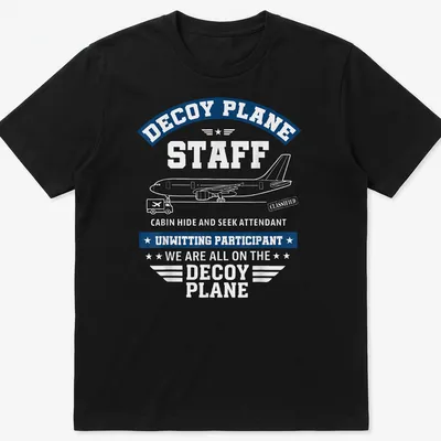 Bold graphic T-shirt featuring humorous airplane staff text in blue and white