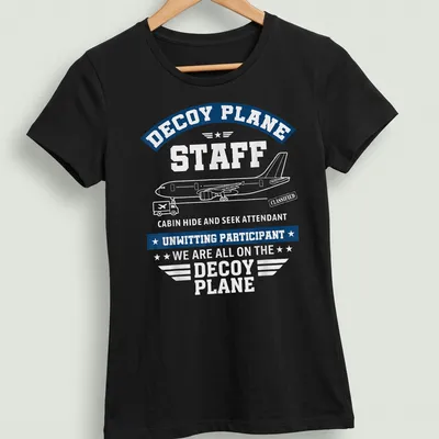 Bold graphic T-shirt featuring humorous airplane staff text in blue and white — printed on a women's shirt