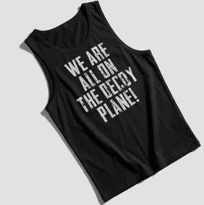Vintage distressed T-shirt featuring a playful decoy plane graphic and humorous text — printed on a tank top