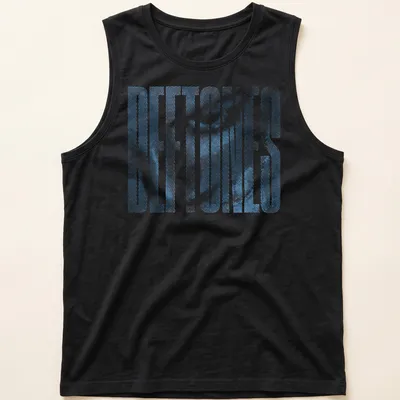 Halftone printed text 'DEFTONES' in blue on a retro style — printed on a tank top
