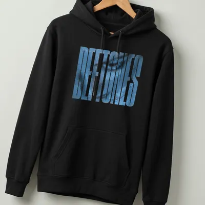 Halftone printed text 'DEFTONES' in blue on a retro style — printed on a unisex hoodie