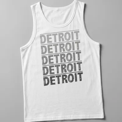 Distressed vintage Detroit t-shirt featuring bold slab lettering — printed on a tank top