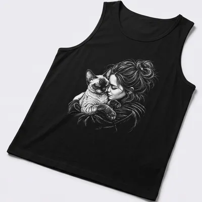 Illustration of a girl cuddling a Devon Rex cat in soft colors — printed on a tank top