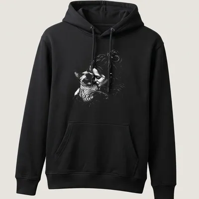 Illustration of a girl cuddling a Devon Rex cat in soft colors — printed on a unisex hoodie