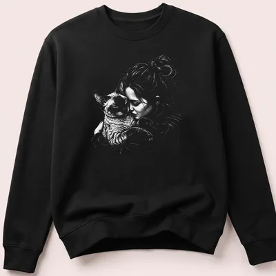 Illustration of a girl cuddling a Devon Rex cat in soft colors — printed on a unisex sweatshirt