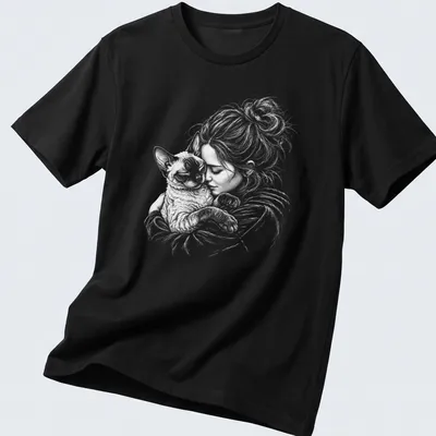 Illustration of a girl cuddling a Devon Rex cat in soft colors