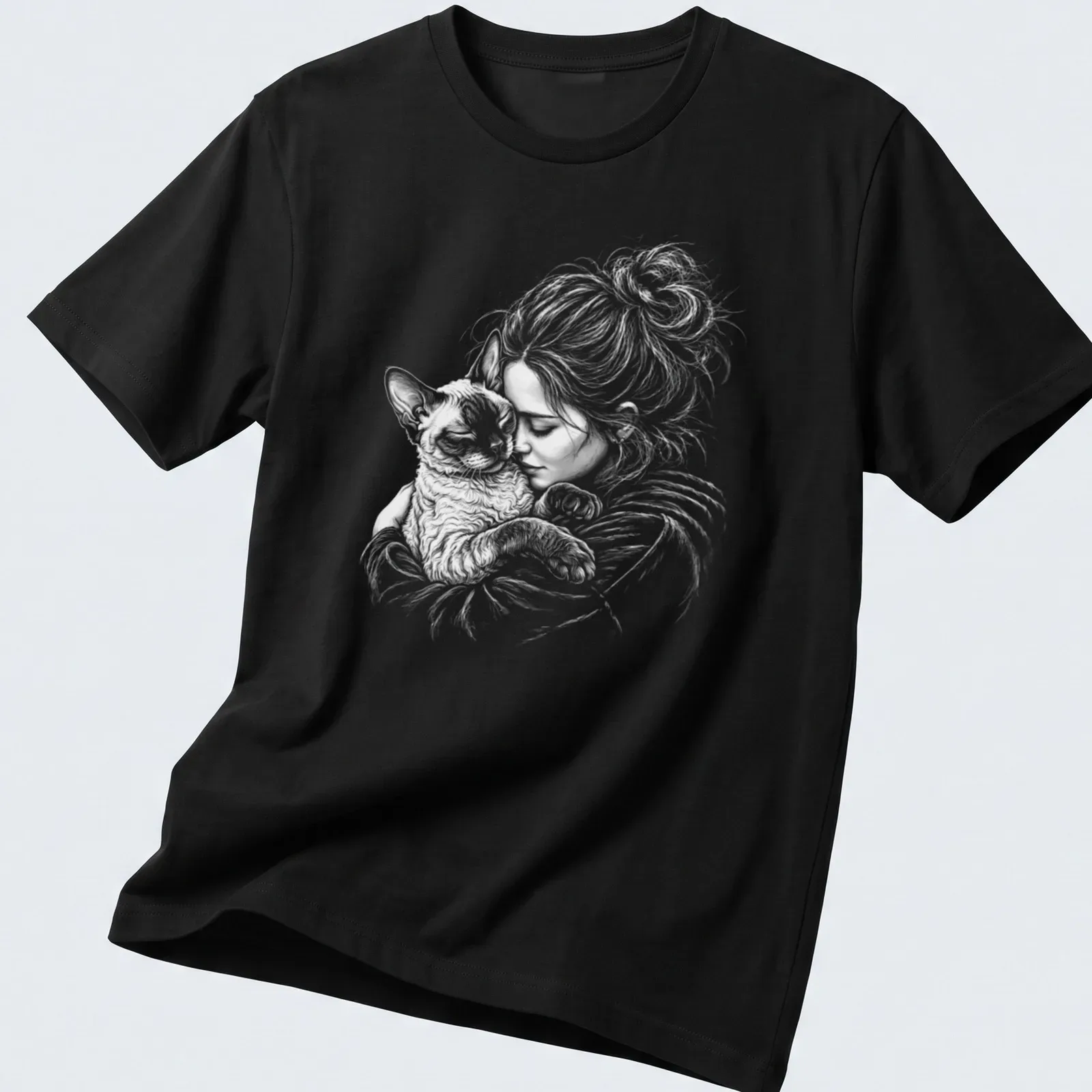 Illustration of a girl cuddling a Devon Rex cat in soft colors — printed on a unisex t-shirt