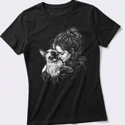Illustration of a girl cuddling a Devon Rex cat in soft colors — printed on a women's shirt