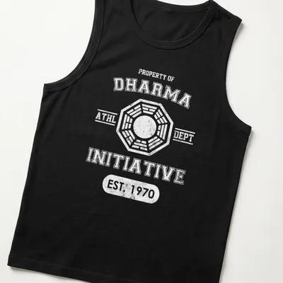 Dharma Initiative Athletic Department T-shirt with bold typography in black, white, and blue — printed on a tank top