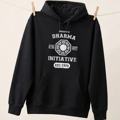 Dharma Initiative Athletic Department T-shirt with bold typography in black, white, and blue — printed on a unisex hoodie