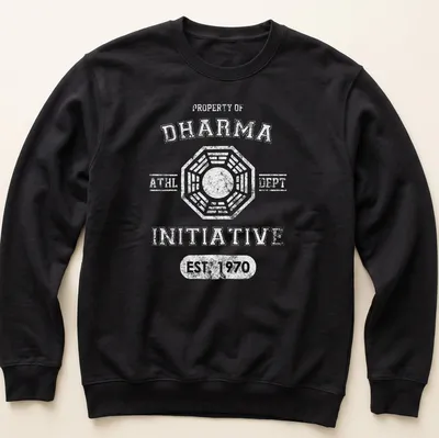 Dharma Initiative Athletic Department T-shirt with bold typography in black, white, and blue — printed on a unisex sweatshirt
