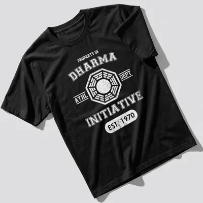 Dharma Initiative Athletic Department T-shirt with bold typography in black, white, and blue