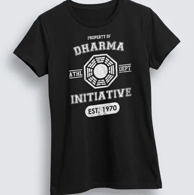 Dharma Initiative Athletic Department T-shirt with bold typography in black, white, and blue — printed on a women's shirt