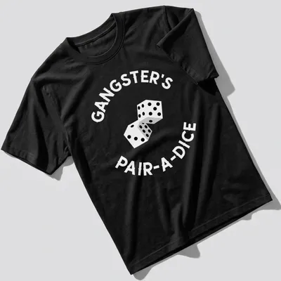Minimalist design featuring the text 'Gangster's Pair A Dice' with stylish dice graphics