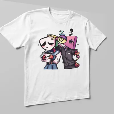 Cute cartoon design featuring Digital Circus characters in various colors. — printed on a unisex t-shirt (angled view)