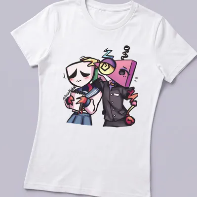Cute cartoon design featuring Digital Circus characters in various colors. — printed on a women's shirt