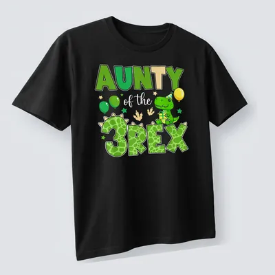Cartoon dinosaur graphic with text 'AUNTY of the 3REX' for birthday celebrations. — printed on a unisex t-shirt (angled view)
