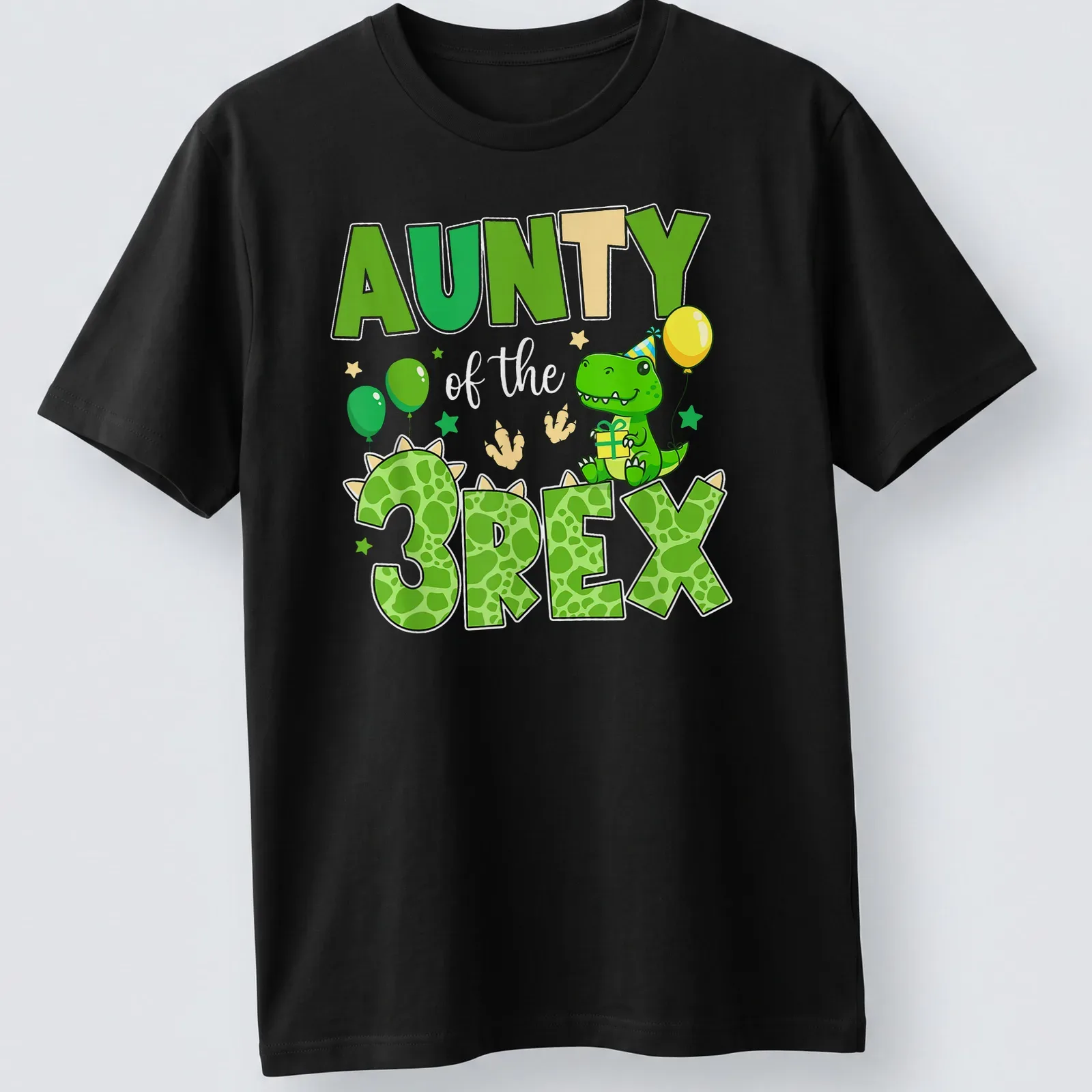 Cartoon dinosaur graphic with text 'AUNTY of the 3REX' for birthday celebrations. — printed on a unisex t-shirt