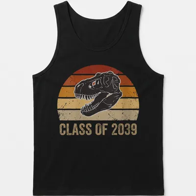 Retro distressed tee featuring a dinosaur skull and 'Class of 2039' text — printed on a tank top
