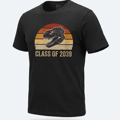 Retro distressed tee featuring a dinosaur skull and 'Class of 2039' text