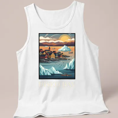 Vintage travel t-shirt featuring Greenland icebergs and coastal village in retro colors — printed on a tank top