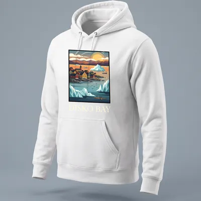 Vintage travel t-shirt featuring Greenland icebergs and coastal village in retro colors — printed on a unisex hoodie