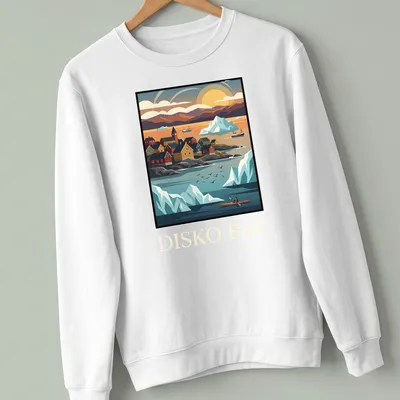 Vintage travel t-shirt featuring Greenland icebergs and coastal village in retro colors — printed on a unisex sweatshirt