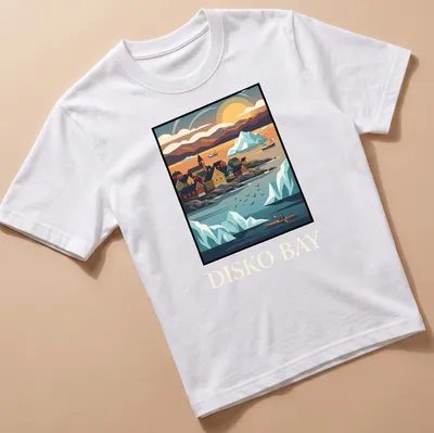 Vintage travel t-shirt featuring Greenland icebergs and coastal village in retro colors