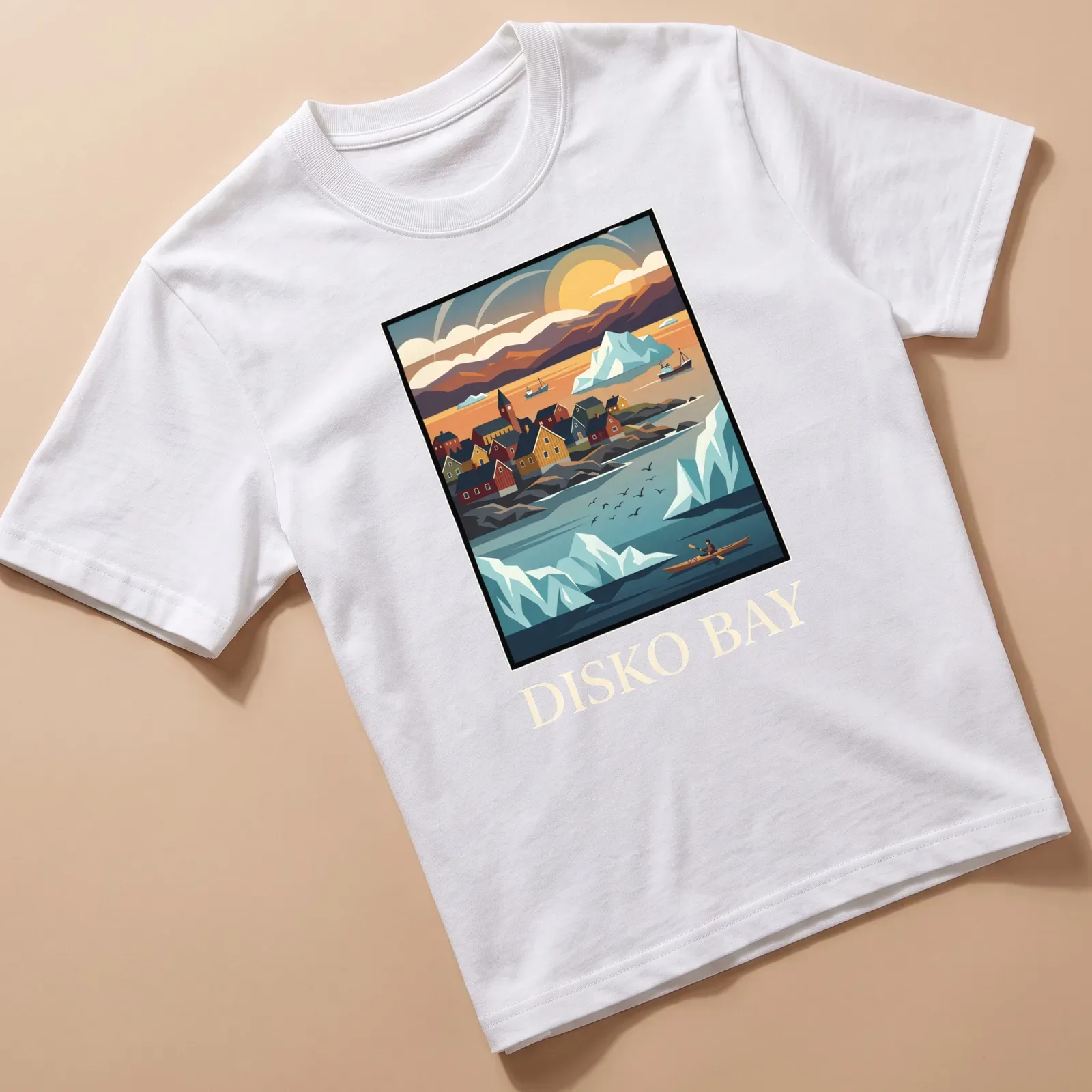 Vintage travel t-shirt featuring Greenland icebergs and coastal village in retro colors — printed on a unisex t-shirt
