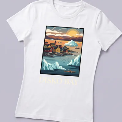 Vintage travel t-shirt featuring Greenland icebergs and coastal village in retro colors — printed on a women's shirt