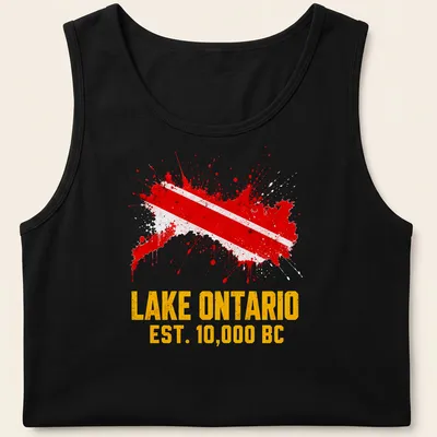 Distressed Lake Ontario t-shirt with Diver Down flag and text — printed on a tank top
